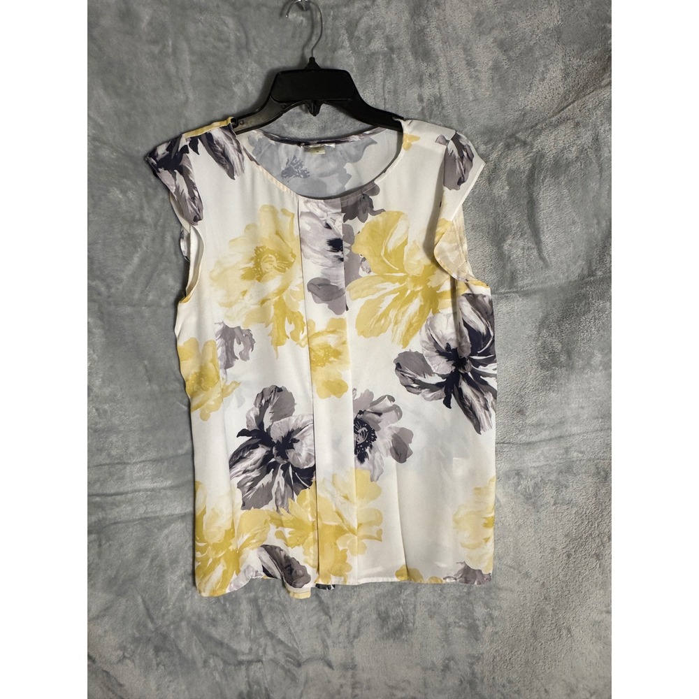 Tahari Arthur S. Levine Floral Cap Sleeve Blouse Yellow Grey White Medium‎